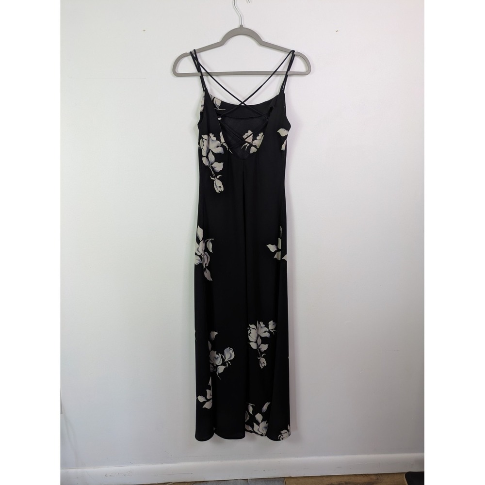90s Dark Floral Maxi Dress 7/8 Square Neck Strappy Vintage Small